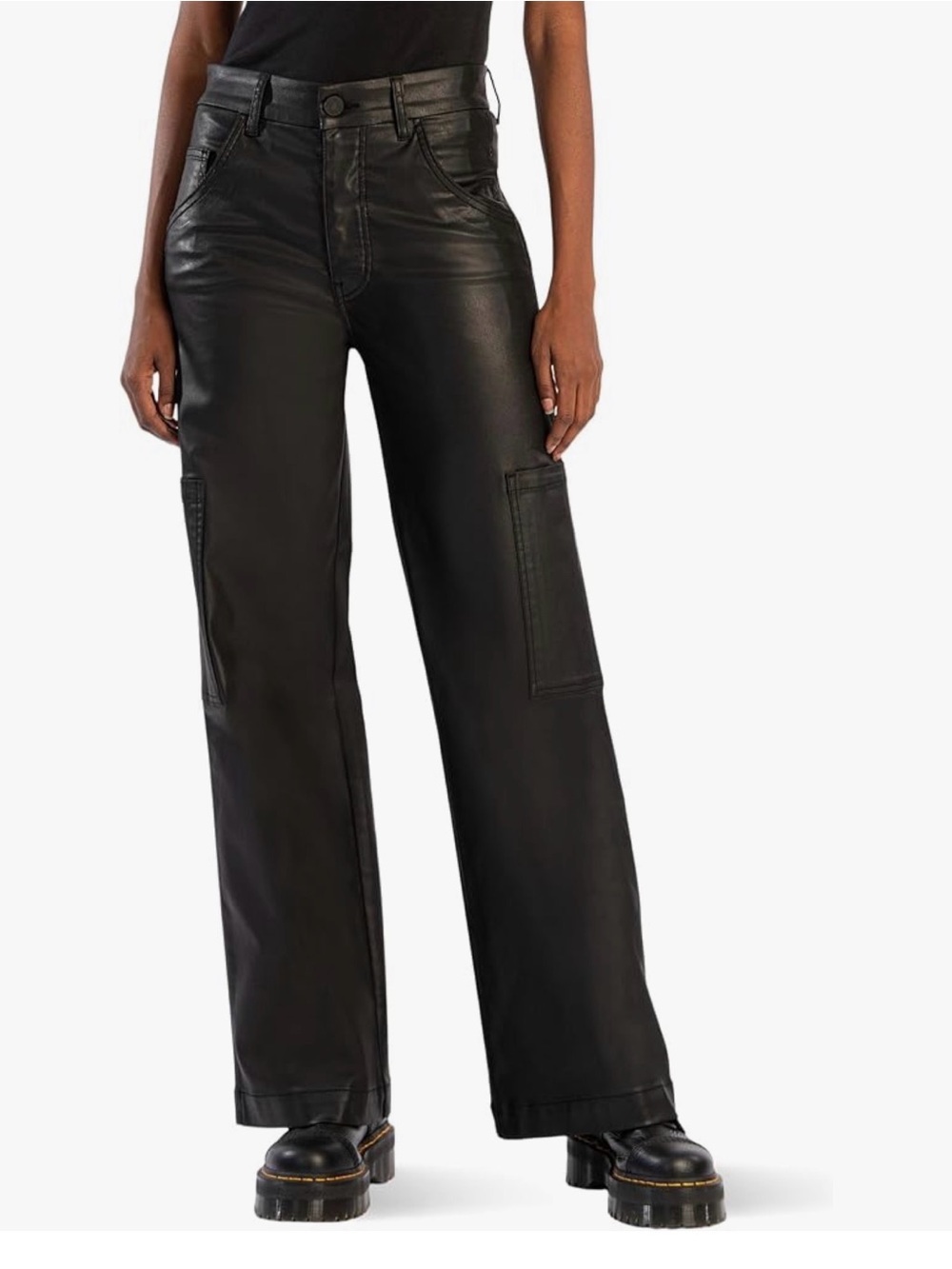 NWT KUT from the Kloth Jodi FAB Ab Wide Leg Coated Cargo Pants Black 6 Pleather